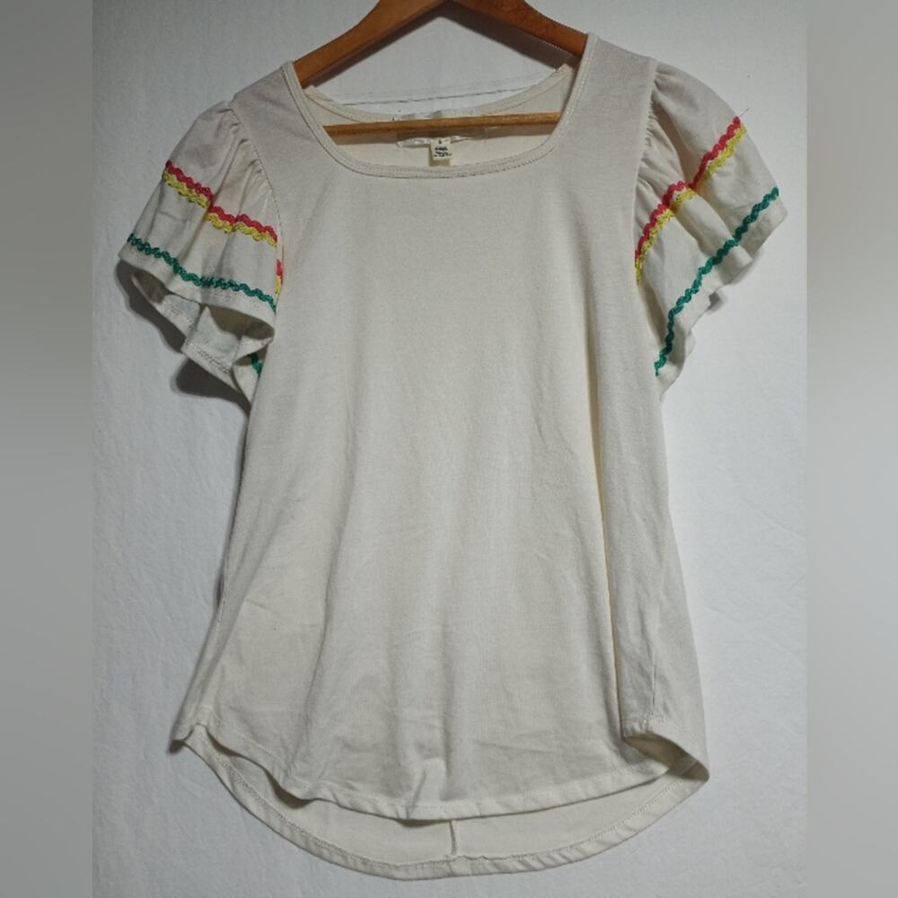 French Laundry White Ruffle Sleeve Top Size Small Colored Detail Sleeves